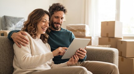 Fototapeta premium Cheerful young couple celebrating mortgage approval online loan confirmation or property purchase using digital tablet on sofa surrounded by cardboard moving boxes in modern new apartment home.