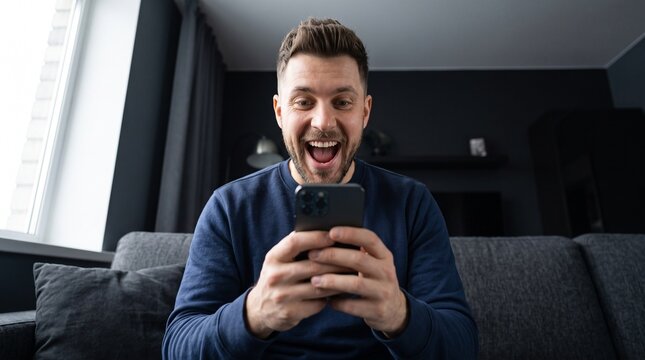 Surprised happy man reading smartphone screen with shock joy, celebrating mortgage loan approval online, winning trading bet, mobile banking transaction success or big tax return refund.