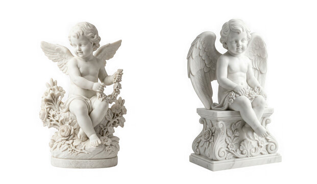Two white marble statues of cherub angels sitting on floral pedestals isolated on transparent background