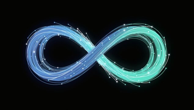Glowing Blue Infinity Symbol Trails on Black Background for Eternal Technology and Connectivity