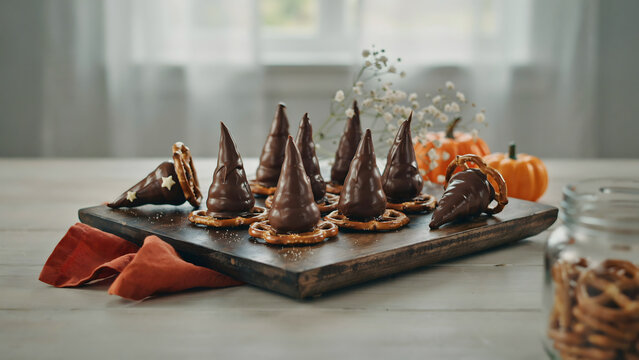 Chocolate witch hat cookies on pretzel bases arranged on a wooden board with small pumpkins and baby breath flowers for a halloween celebration