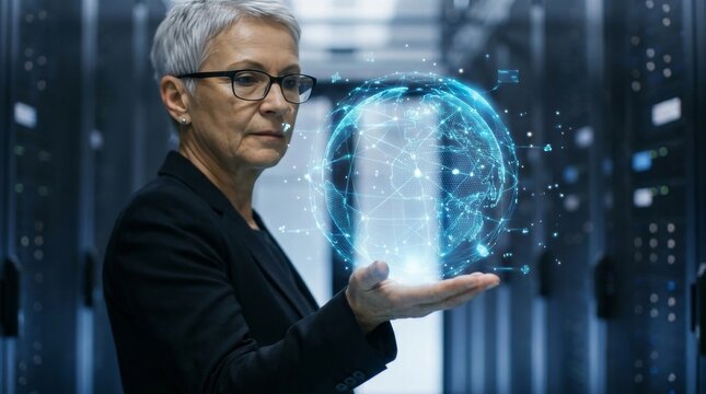 Senior female technology executive holding a glowing digital hologram of the planet earth in a modern server room, representing global network connectivity and data management