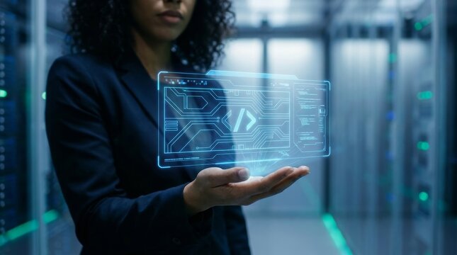 African American female software engineer interacting with a holographic programming interface in a high-tech server room environment representing advanced data management and coding.
