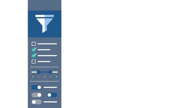 Digital filter interface sidebar, software user interface elements, flat UI design for data management and search settings