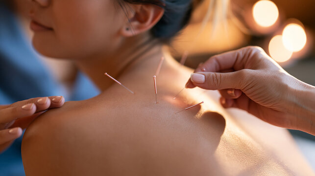 Therapist inserting additional acupuncture needles into upper back muscles during an electroacupuncture treatment for pain management and recovery, with copy space
