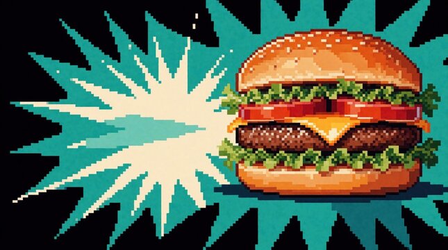 Pixel art burger illustration features juicy beef patty melted cheese tomato lettuce on bun. Vibrant teal starburst background adds retro pop art style to this fast food graphic.