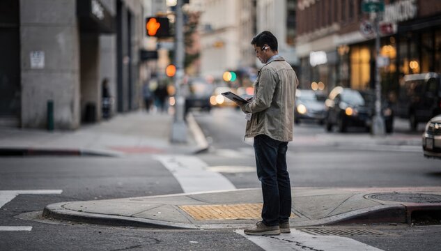 Medium shot of a location scout examining an urban street corner assessing access points while background buildings blur softly for depth.