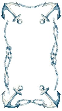 Nautical frame with blue and white twisted rope borders and corner anchors, suitable for marine-themed designs, invitations, certificates, and coastal decor projects.