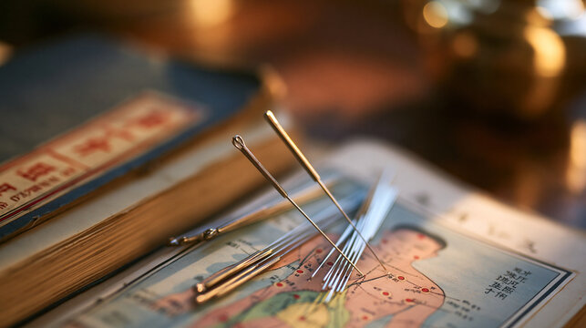 Acupuncture needles displayed alongside an old medicine book showing traditional acupuncture points on a human body diagram, with copy space