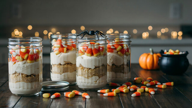 Four glass mason jars layered with white cream, cookie crumbs, and orange candy corn, topped with a plastic spider on a rustic wooden table