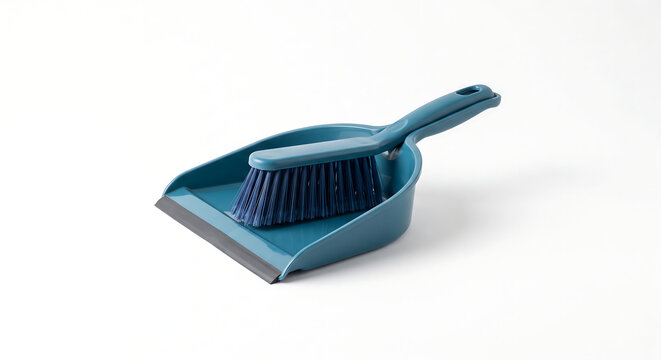 Cleaning Tools: A teal-colored dustpan and brush set rests on a clean white surface, ready for tidying up any mess.
