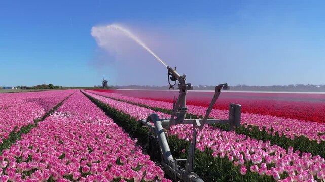 Sprinkler irrigating pink tulip field in netherlands