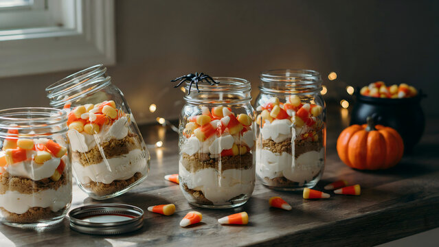 Glass mason jars filled with layered halloween dessert of cream, cookie crumbles, and candy corn, with a black spider and pumpkin nearby