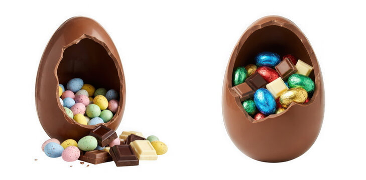 Chocolate easter eggs filled with colorful candy and chocolate bars isolated on transparent background