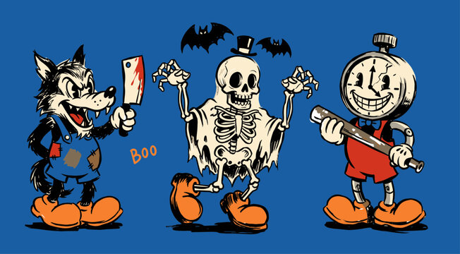 Spooky vintage cartoon characters. Halloween retro design for t shirt print, poster, sticker. Rubber hose animation style.