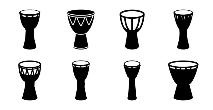Black traditional african drums set - Minimalist vector illustration of different traditional African drum shapes in black and white.