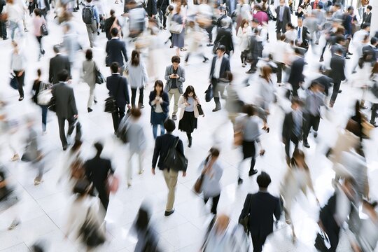 多くの人が忙しく移動する現代都市の活気あるビジネスシーン