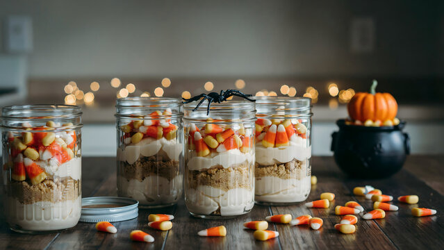 Halloween dessert jars layered with cream, cookie crumbles, and candy corn, featuring a plastic spider on and a small pumpkin nearby