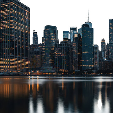 New york city skyline at dusk reflected in water isolated on transparent background