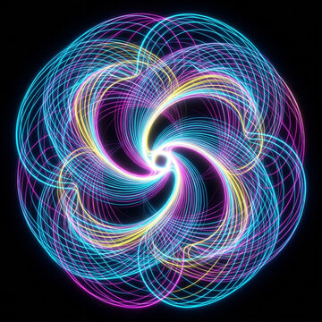 Abstract neon spirograph light pattern on black background