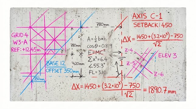 Handwritten mathematical equations and physics formulas on chalkboard with red ink annotations