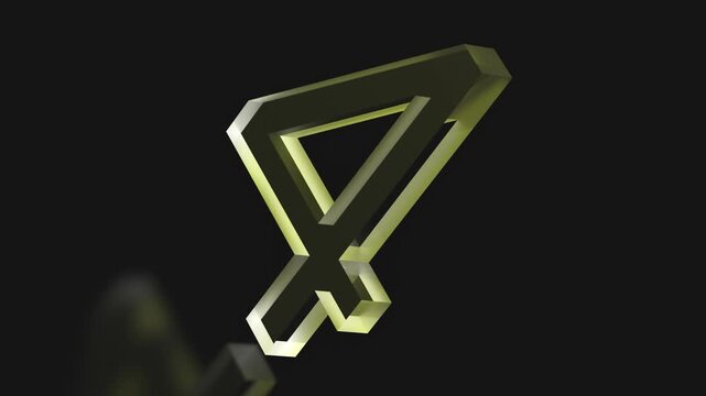 A glass 4 with yellow neon lighting on a black background with a reflection. The number 4, the fourth digit, 4 on a black background, animation. 3D render
