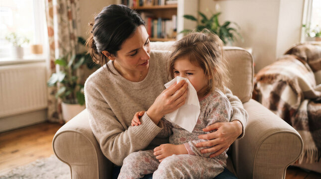 Sick child care: mother wiping little daughter running nose with tissue.