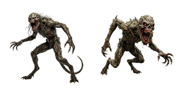 Terrifying undead zombie monster with sharp teeth and claws isolated on transparent background