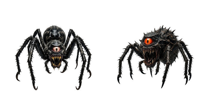 Two realistic 3d rendered fantasy spider monsters with single glowing eyes isolated on transparent background