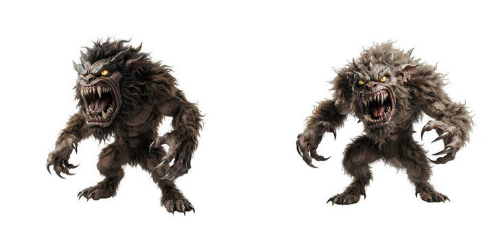 Two ferocious hairy werewolf creatures standing in a threatening pose, isolated on transparent background