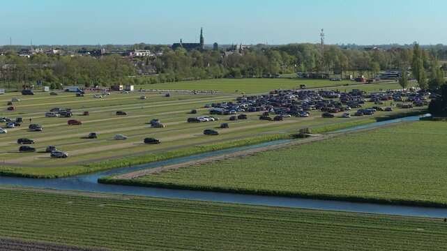 Aerial view of cars parking near keukenhof tulip fields