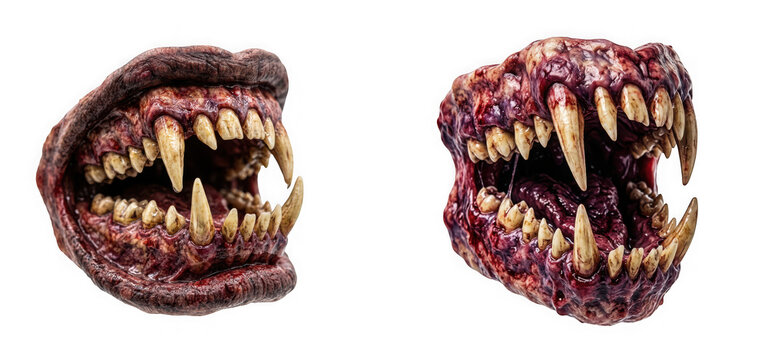 Two realistic 3d rendered severed monster mouths with sharp teeth isolated on transparent background