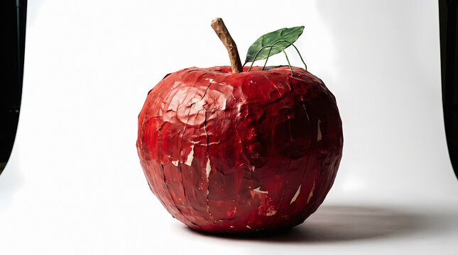 Handcrafted red apple art sculpture made of textured papier mache with a wooden stem and leaf, isolated on a white studio background