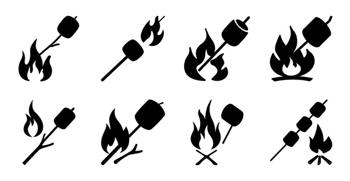 Black marshmallow roasting over campfire icons - Set of stylish black icons showing marshmallows roasting on skewers over campfire flames, perfect for outdoor or camping themes.