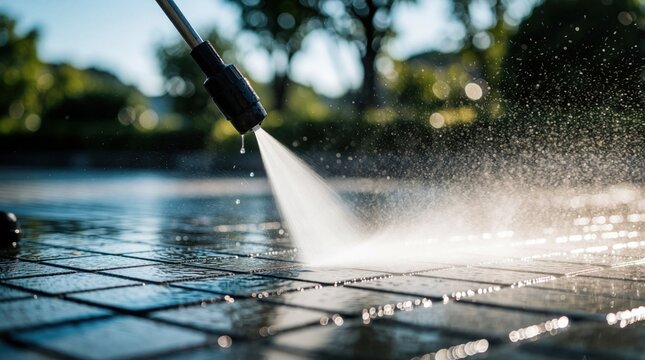 High pressure water jet cleans dirty stone pavement outdoors. Industrial sprayer removes mud from tile floor surface. Pro gardener washes concrete backyard path with powerful liquid stream equipment.