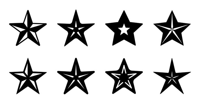 Five black star icons in a row - Simple set of five black star icons aligned neatly for design or rating purposes, clean and modern style.
