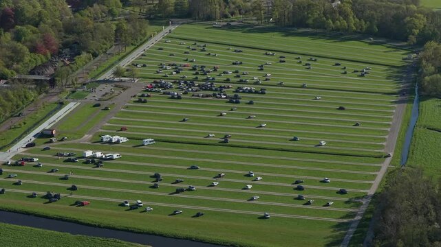 Keukenhof gardens aerial view of cars arriving at the parking lot