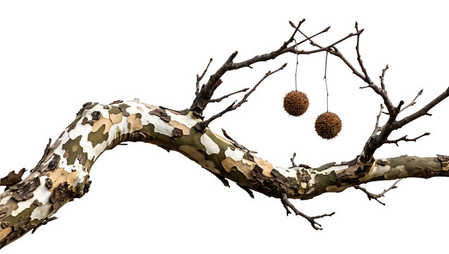 Curved Sycamore Tree Branch with Camouflage Bark and Seed Balls Isolated on Transparent Background