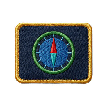 Font specimen embroidered compass badge patch on fabric isolated as PNG