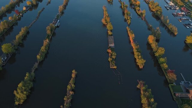 Aerial view of scheendijk breukelen lakes during sunset