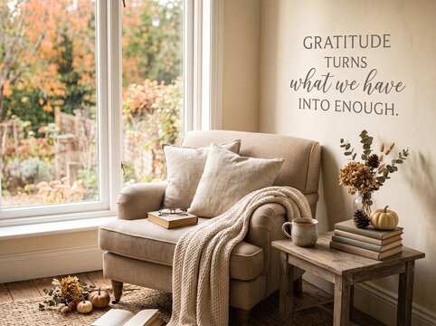 Cozy autumn reading nook with armchair, fall decor, and inspiring gratitude quote with thanksgiving quote
