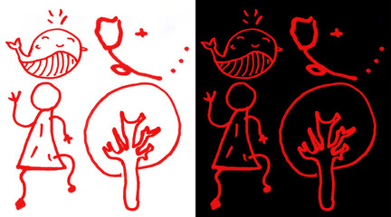 Hand-drawn red line art doodles, primitive stick figure and whale sketches, naive child style illustrations on white and black backgrounds