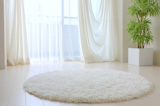 清潔感ある明るい部屋に置かれた白い円形ラグと観葉植物