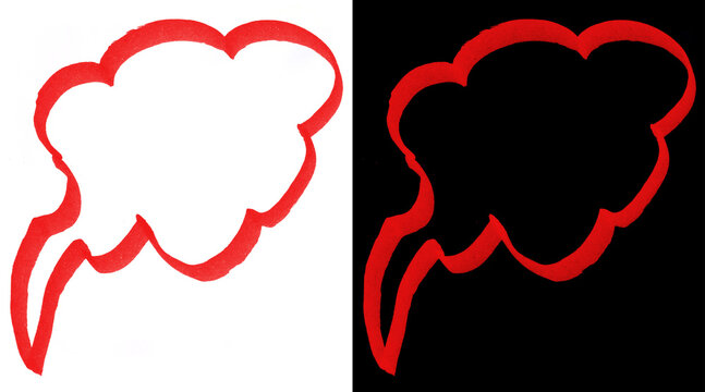 Red hand-drawn speech bubble icon set, comic style thought cloud outline on white and black backgrounds, expressive dialogue balloon graphics