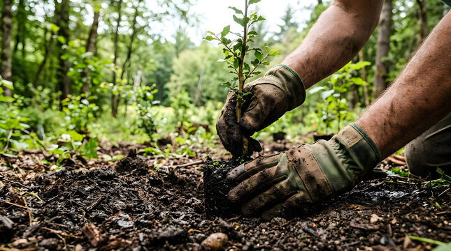  "Close-up of hands planting a young tree sapling in fertile soil, symbol of reforestation, hope, and environmental care, natural outdoor setting."