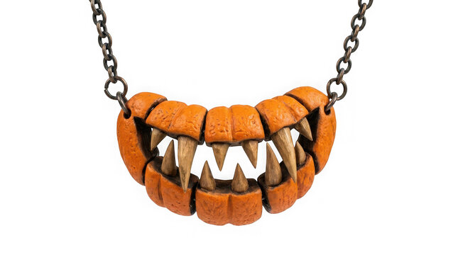 Handmade pumpkin monster mouth necklace with sharp teeth isolated on transparent background