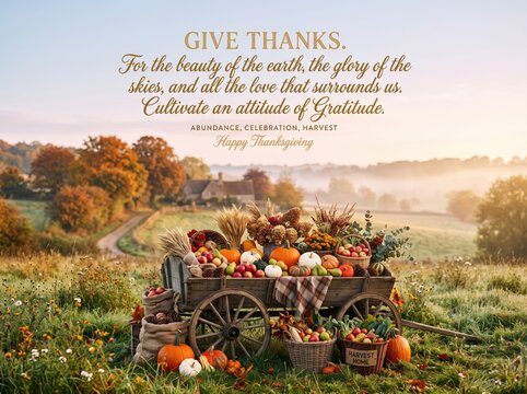 Thanksgiving harvest wagon with pumpkins and apples
