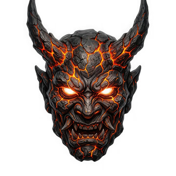 Lava demon mask with glowing cracks and horns isolated on transparent background