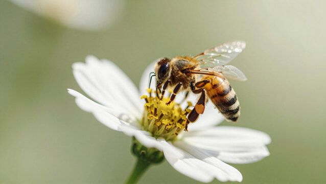 Honey bee hovering near white flower collecting nectar