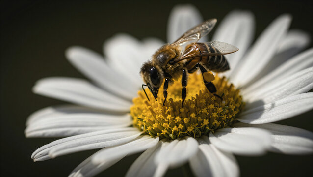 Honey bee collecting pollen on white daisy flower macro